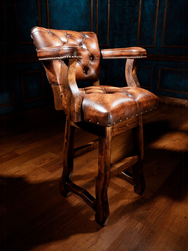 Tufted Leather Bar Stool with Diamond Pattern and Curved Arms Western