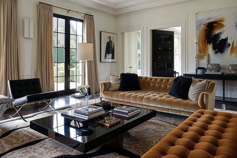 Tufted Mustard Velvet Sofa Living Room Set Glossy Black Table