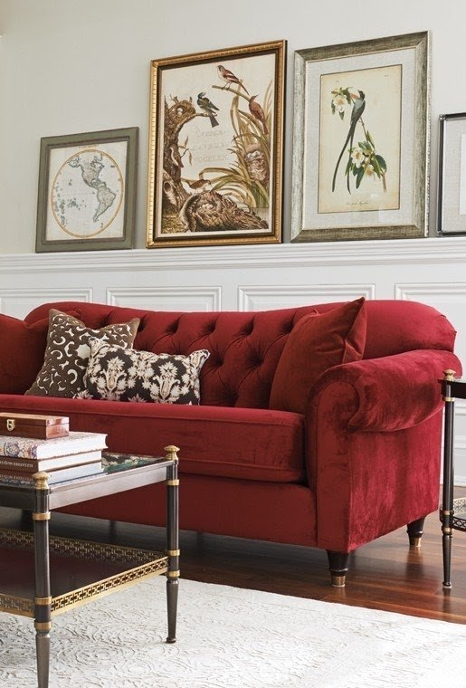 Tufted Sofa in Cranberry Red with Brass Capped Legs