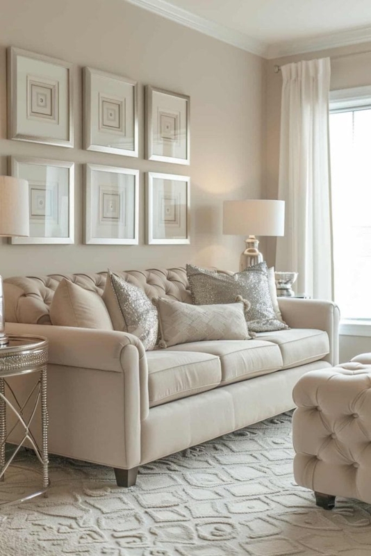 Tufted Sofa Silver Accents Glam Style Warm Beige Interior