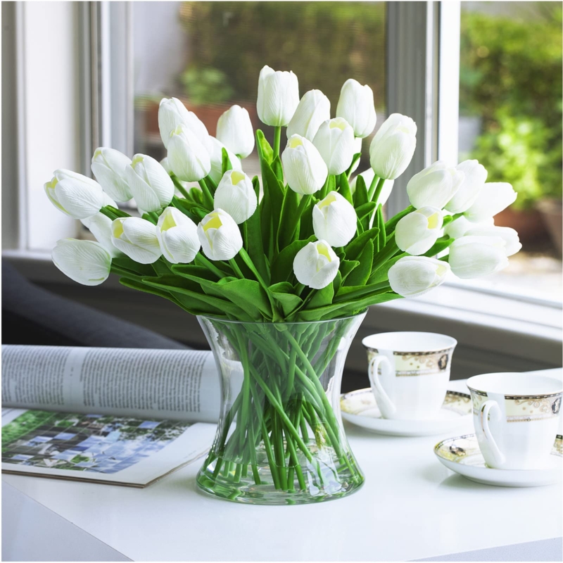 Tulip Arrangement, Forty Heads, Hourglass Vase, Real Touch, White