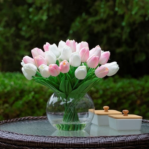Tulip Arrangement, Spherical Glass Vase, 40 Stem Density, Pink & White
