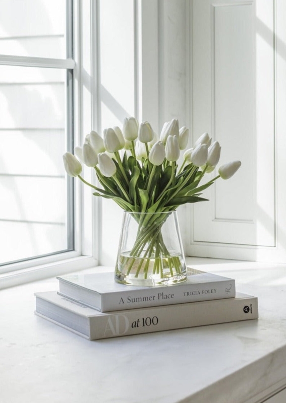 Tulip Arrangement, Tapered Clear Vase, Book Pedestal Display, White