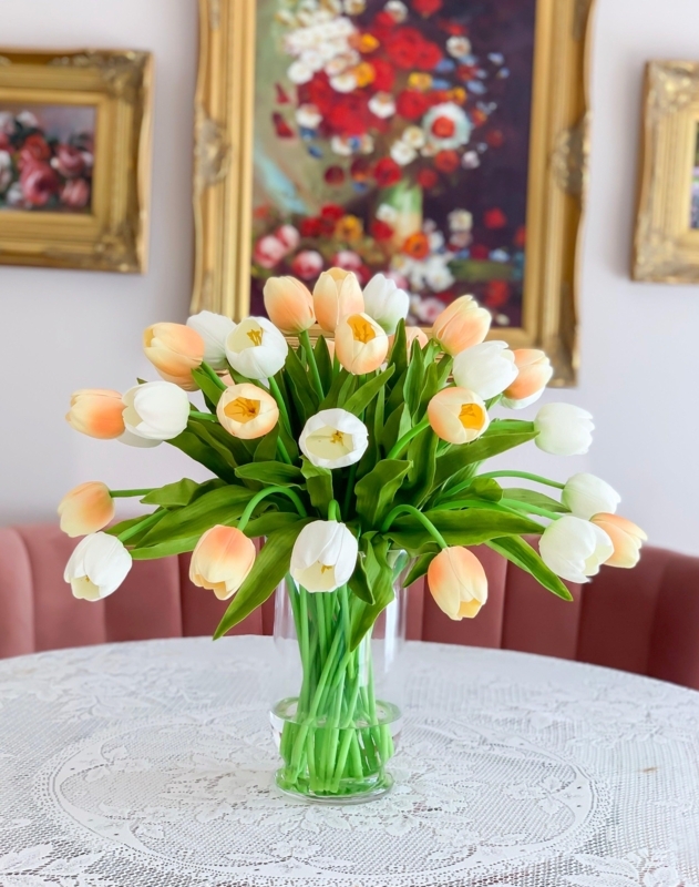 Tulip Centerpiece, Large Scale Arrangement, Water Look Base, Peach & White