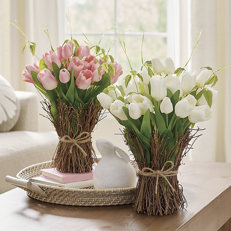 Tulip Floral Arrangement, Twig Bundled Base, Jute Twine Bow, Rustic