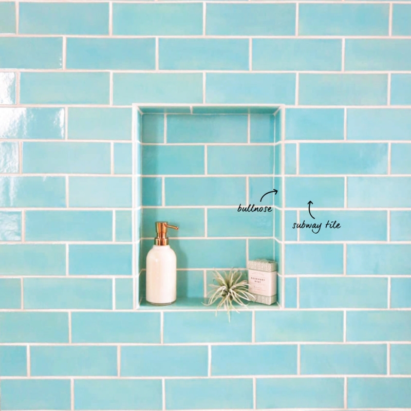 Turquoise Subway Tile Recessed Niche with Glossy Bullnose Trim Edging
