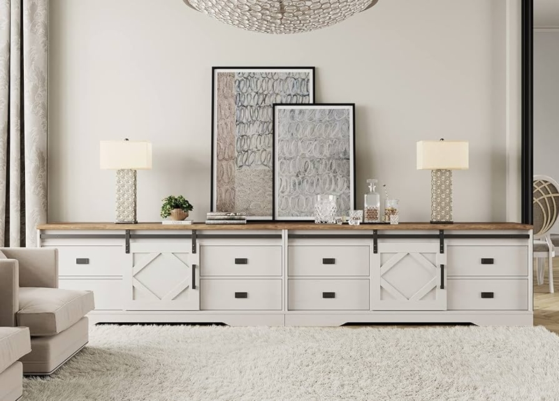 TV Stand: 118 Inch Extra Wide Console with 8 Drawers and Barn Doors