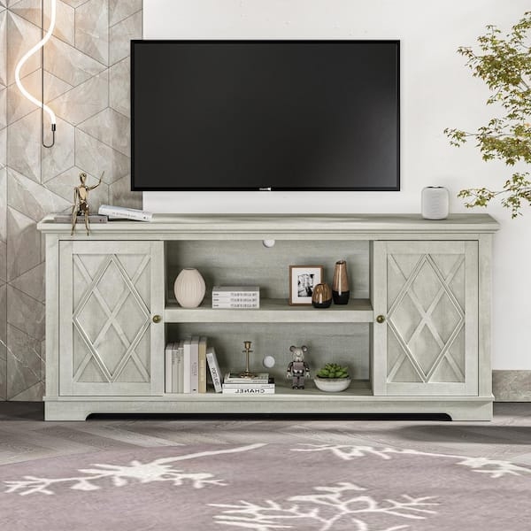 TV Stand: 70 Inch Diamond Lattice Doors in Saw Cut Off-White