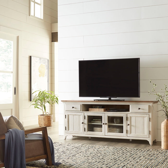 TV Stand: 72 Inch Two-Tone Console with Glass-Front Doors