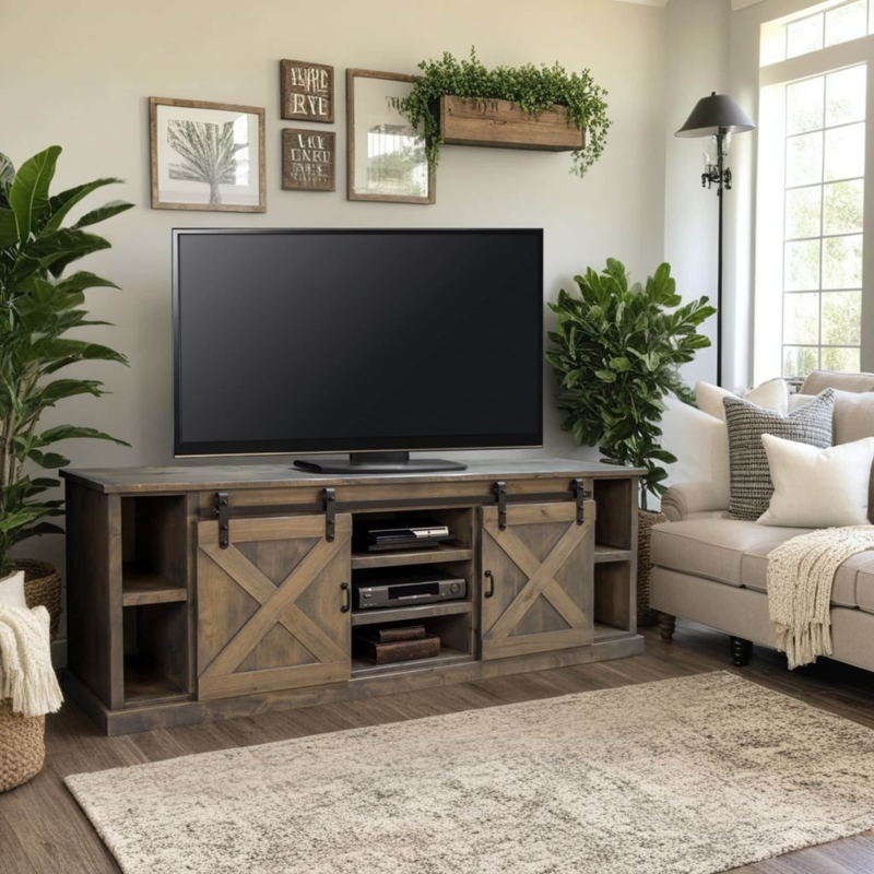 TV Stand: 85 Inch Sliding Barn Doors with X-Brace in Barnwood Finish