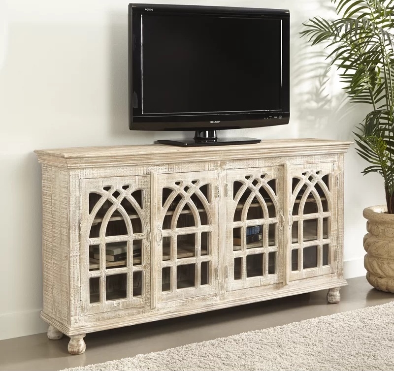 TV Stand: Cathedral Arch Doors with Fretwork Overlay, Rustic Finish