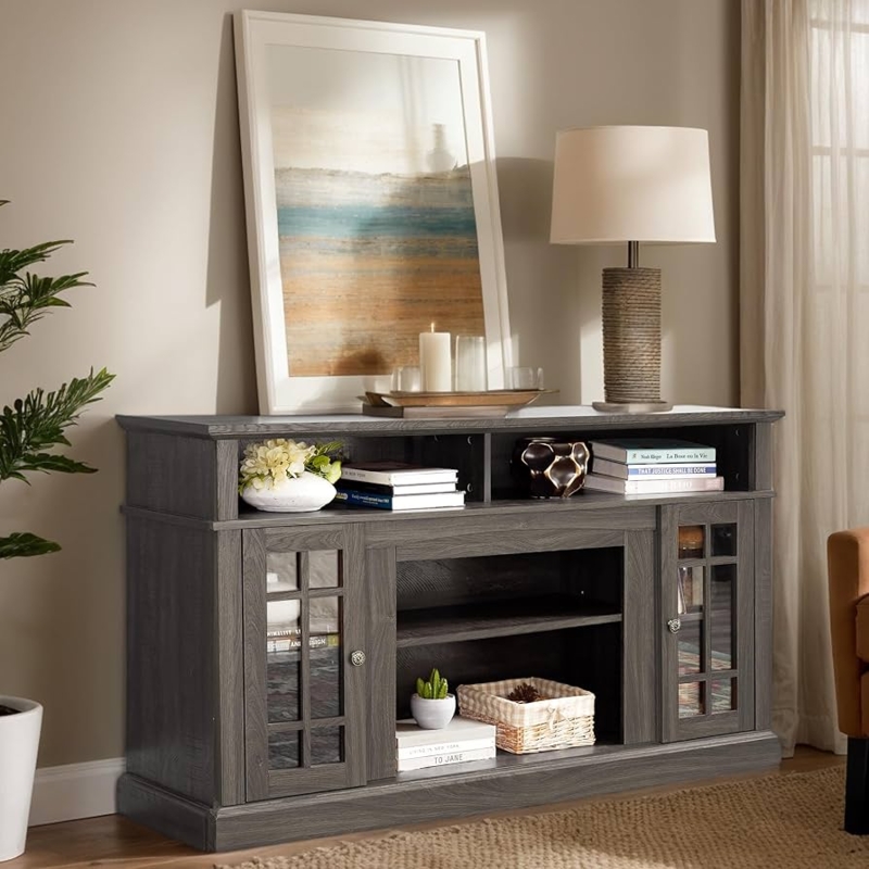 TV Stand: Charcoal Gray, Windowpane Glass Doors, Triple Top Cubbies.