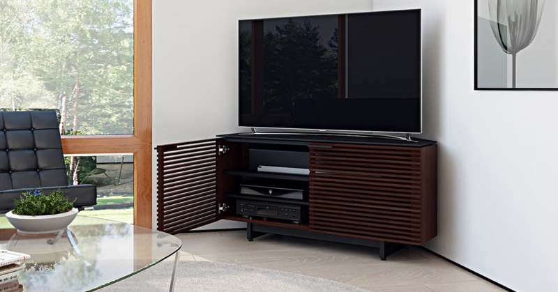 TV Stand Corner Unit with Slatted Doors, Ventilated Media Cabinet.