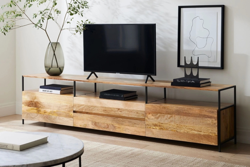 TV Stand featuring Block Storage Design, Industrial Wood Media Console.