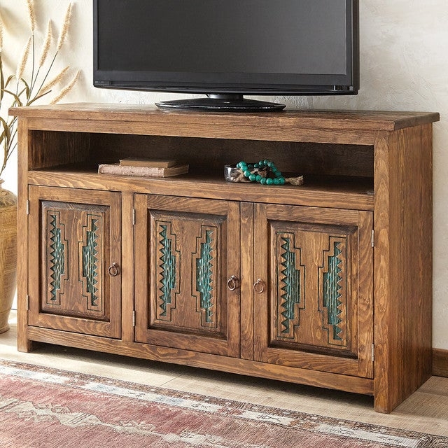 TV Stand featuring Geometric Carvings and Southwestern Turquoise Inlay