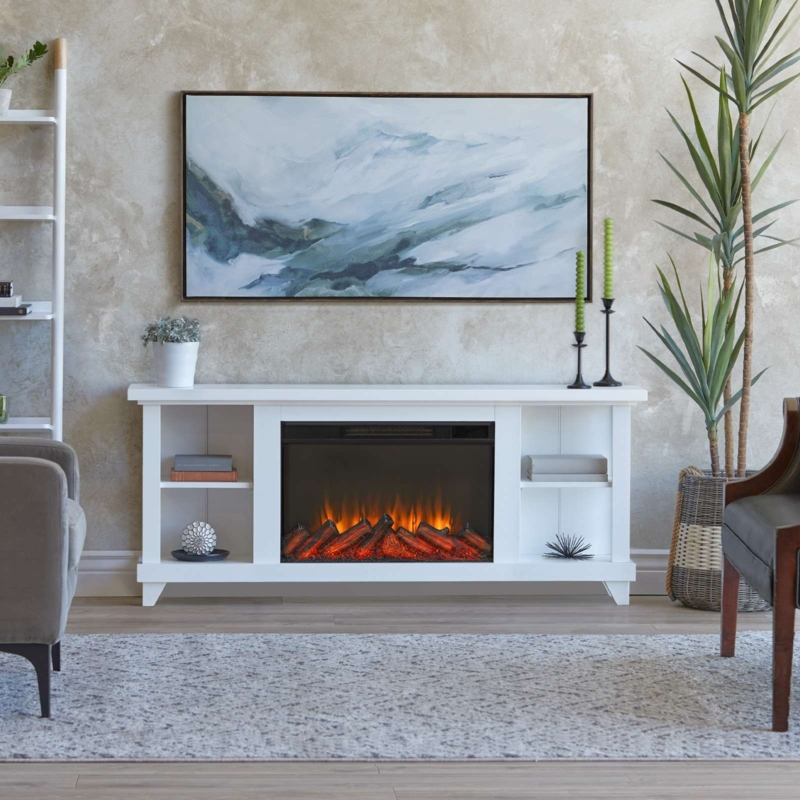 Tv Stand Fireplace Slim Profile White Finish Open Shelving