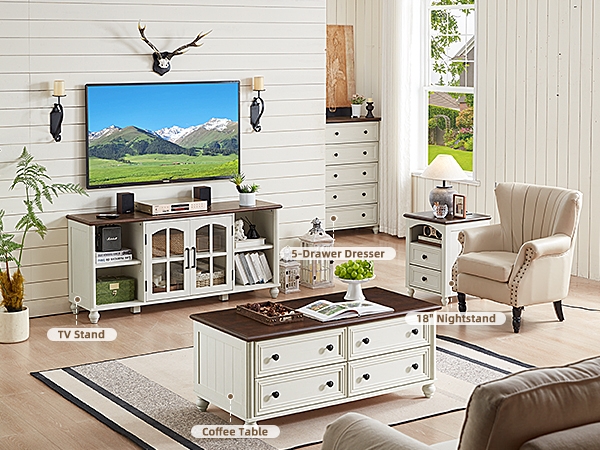 TV Stand: Glass Mullion Doors and Bun Feet in White and Walnut Two-Tone