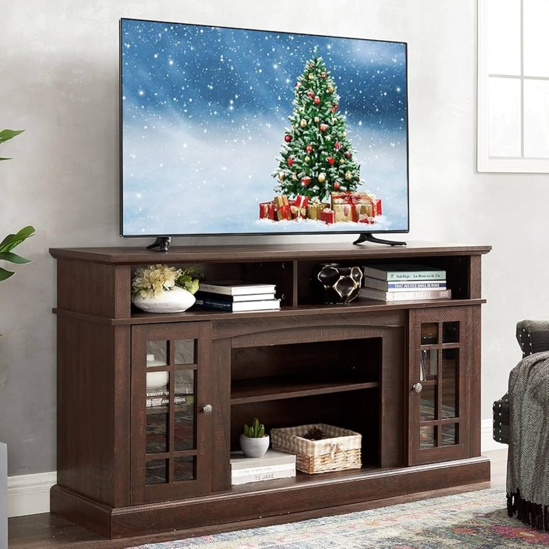 TV Stand in Espresso Brown with Arched Niche and Glass Mullion Doors
