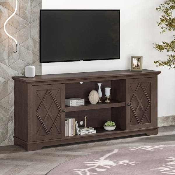 TV Stand in Espresso Brown with Diamond Overlay Doors, 70 Inch