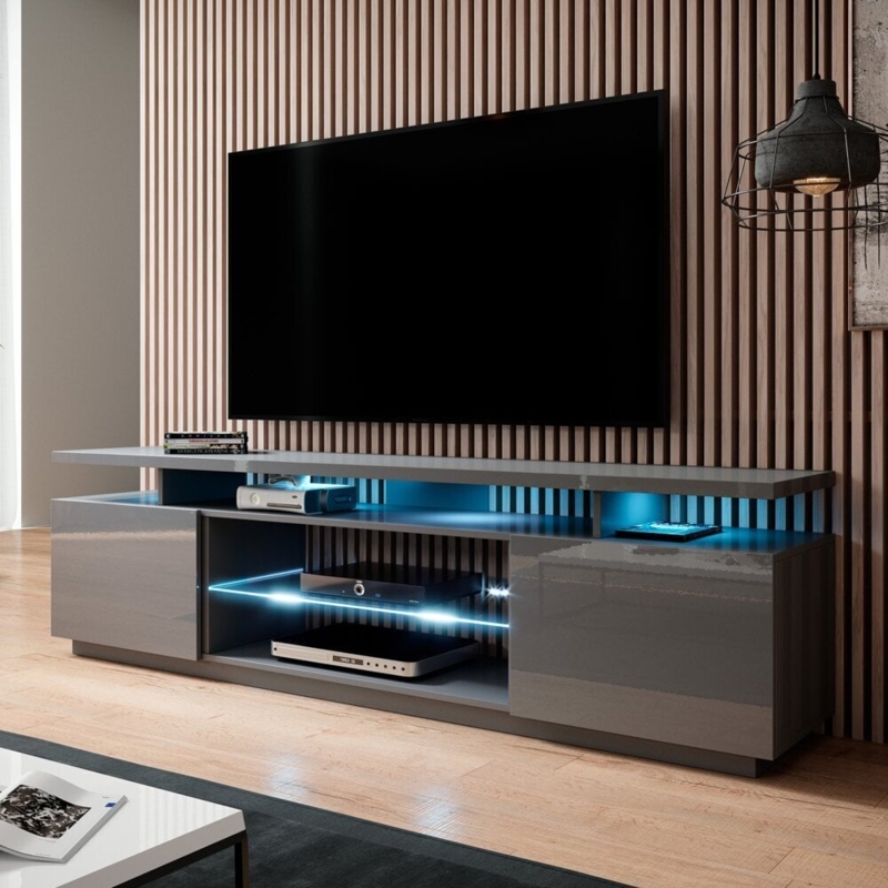 TV Stand in Glossy Grey Finish with Integrated LED Lighting Console.
