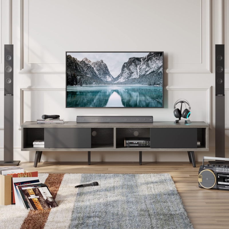 TV Stand in Gray Wash Finish, Sliding Door Entertainment Center.