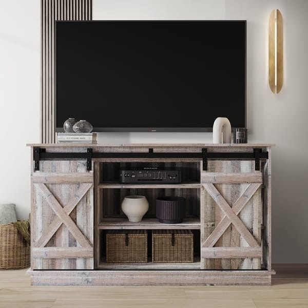 TV Stand in Weathered Grey: Sliding Barn Doors with X-Frame