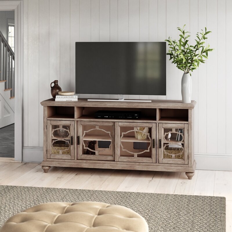 TV Stand: Quatrefoil Fretwork Doors in Weathered Gray with Bun Feet