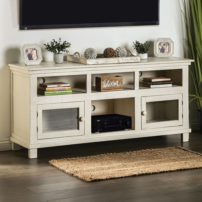 TV Stand: Six Compartments and Glass-Front Doors in Distressed Ivory Finish