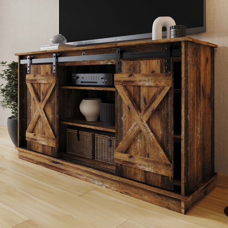 TV Stand: Sliding Barn Doors with X-Brace Design in Walnut Brown