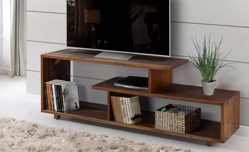 TV Stand with Asymmetrical Shelving, Rustic Wood Grain Media Console.
