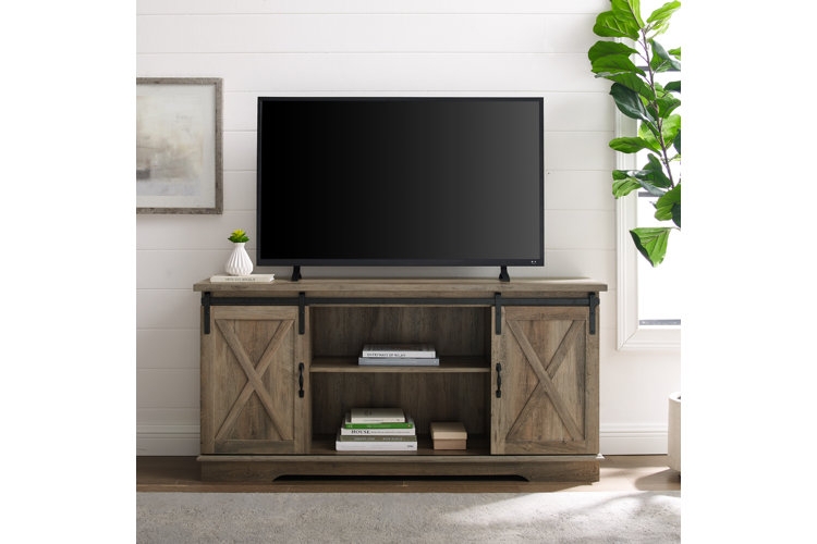 TV Stand with Barn Door Sliding Track and Gray Wood Finish