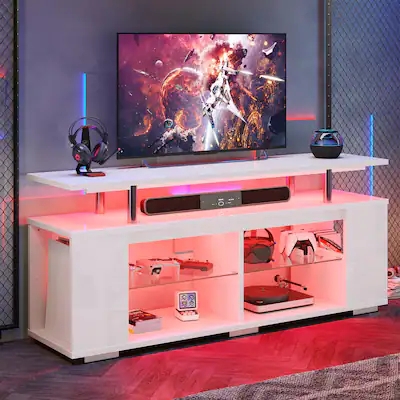 TV Stand with Glossy White Finish and Elevated Top