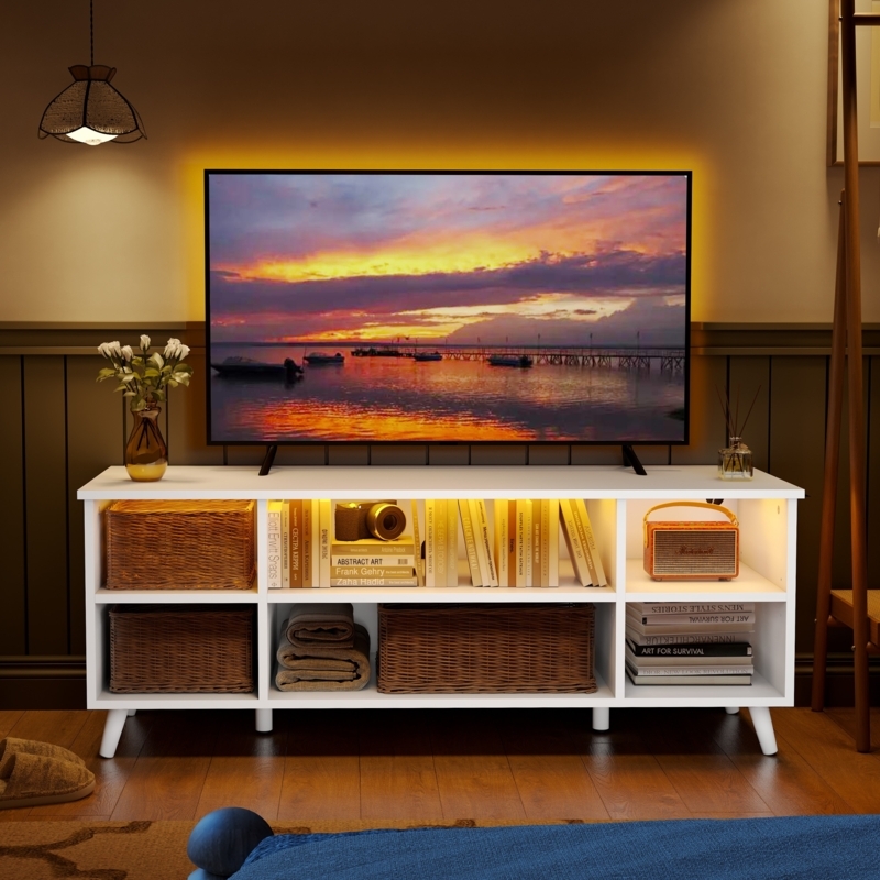 TV Stand with Integrated LED Lighting and Six Open Cubbies