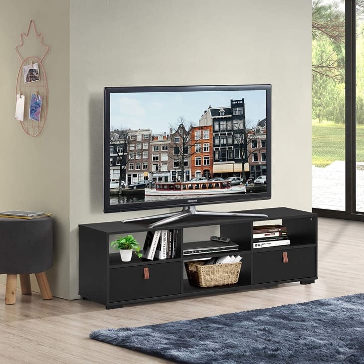TV Stand with Leather Pulls, Matte Black Media Console, Low Profile.