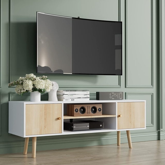 TV Stand with Splayed Tapered Legs, White and Wood Media Console.