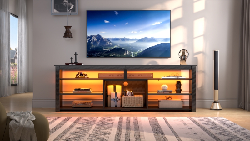 TV Stand with Tall Profile and Open Display Shelving