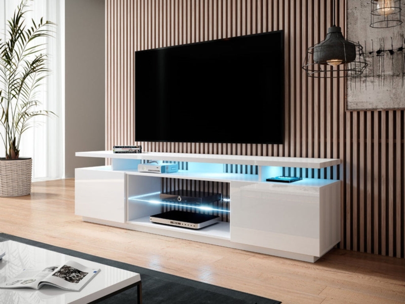 TV Stand with Tiered Open Design, LED Backlit Media Console in White.