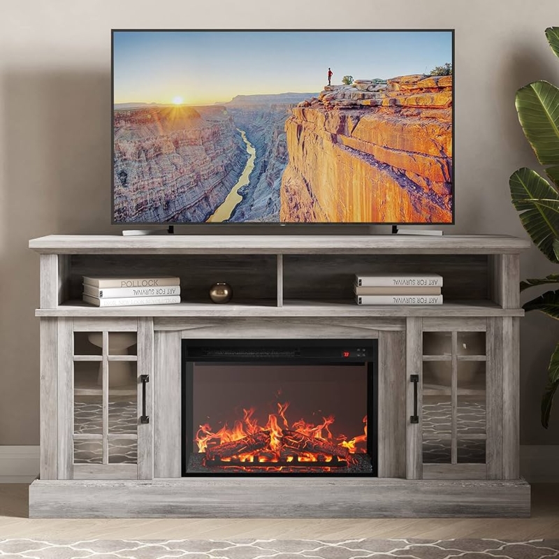 Tv Stand with Weathered Grey Finish Rustic Electric Fireplace Console
