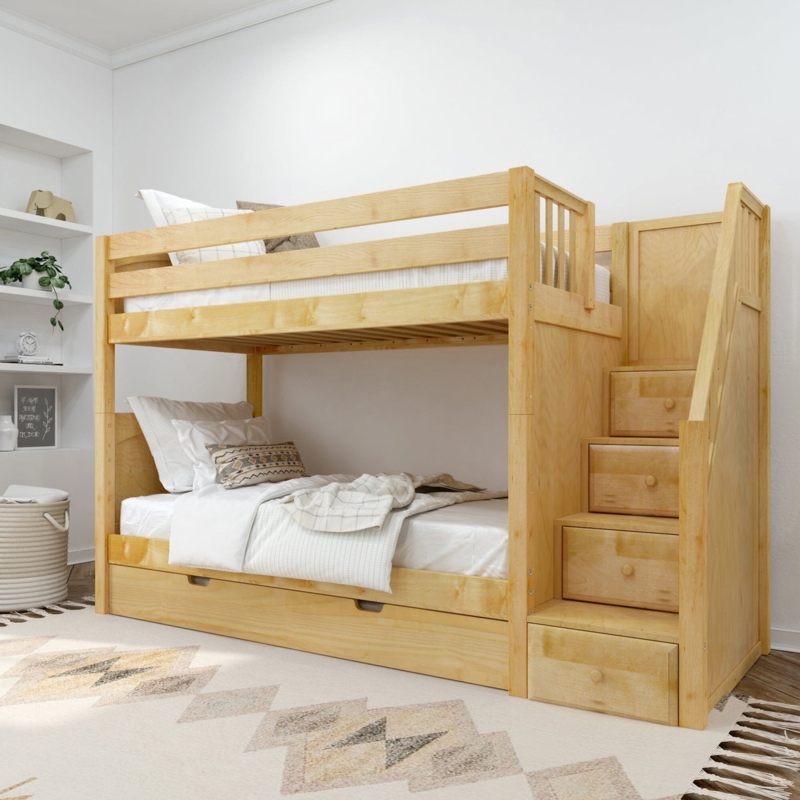 Twin Bunk Bed Medium Height Natural Wood Trundle Stairs