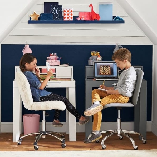 Twin Kids Desks Navy White Shiplap Walls Twin Desks For Siblings