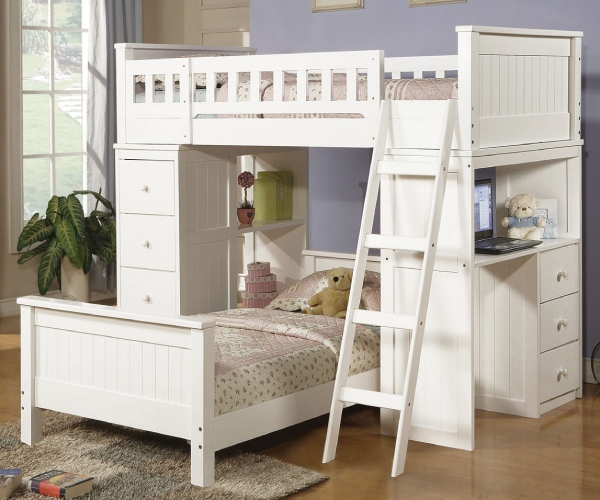 Twin Loft Bed with Desk, L-Shaped Design, and Cottage Slat Detailing