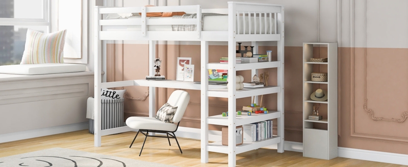 Twin Loft Bed with Integrated Corner Desk and Open Shelving, Matte Finish