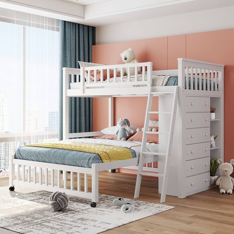 Twin Over Full Bunk Bed White with Caster Wheels and Storage