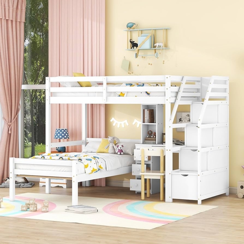 Twin Over Twin L-Shaped Loft Bed with Stairs, Desk, and Built-in Shelves