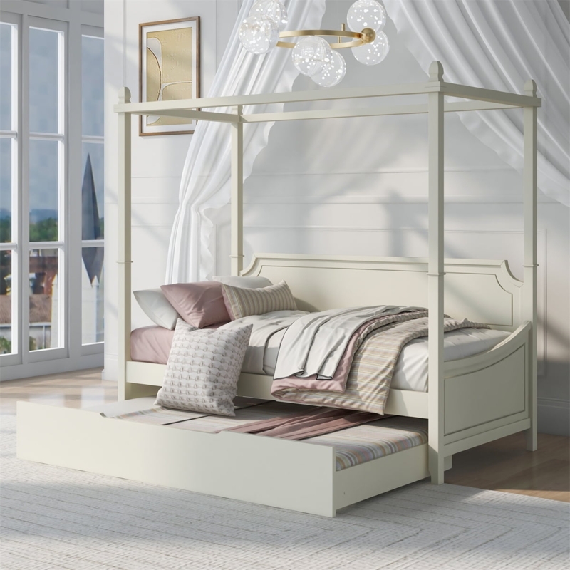 Twin Size Daybed For Kids Teens Twin Size Canopy Daybed With Trundle |  Farmhouse Style Wood Bed Frame With Built-in Backrest For Kids, Teens &  Adults Canopy Bed With Built-in Backrest