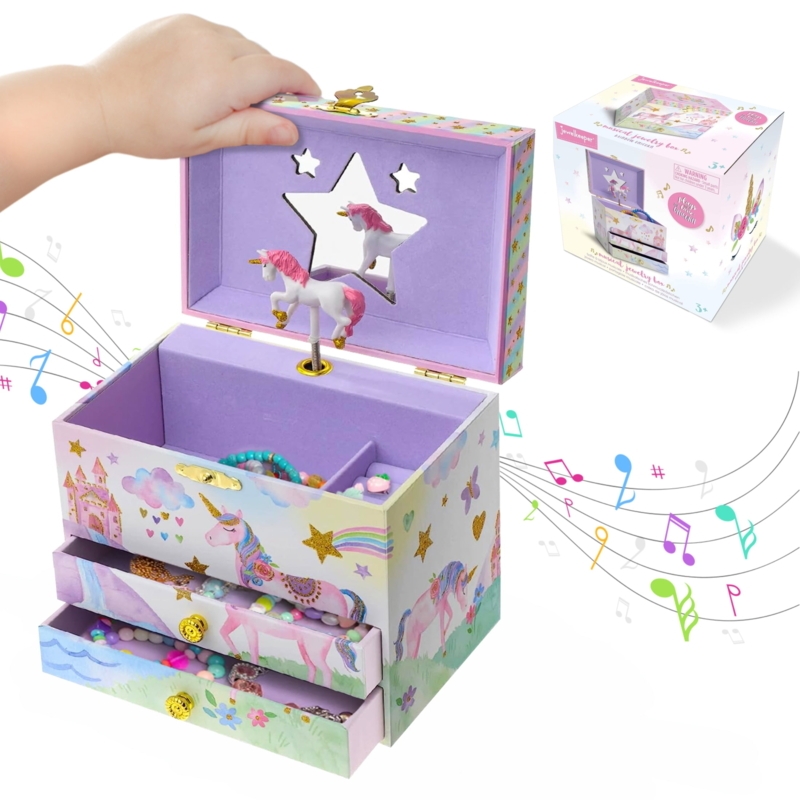 Two-Drawer Unicorn Musical Jewelry Box with Star Mirror