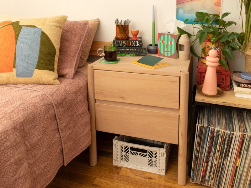 Two Drawer Wood Nightstand Scandinavian Decor Rounded Legs Ash Tone