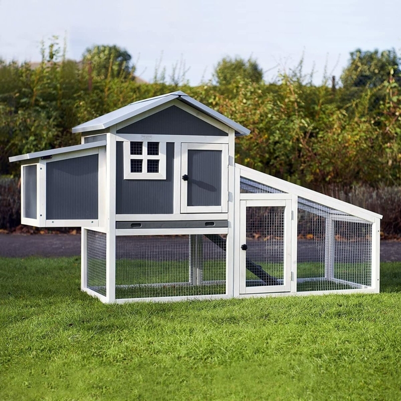 Two-Story Chicken Coop Charcoal and White with Window Lattice Detail