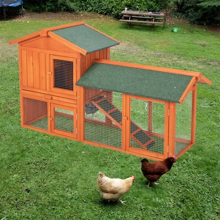 Two-Tier Chicken Coop Orange Wood Stain with Forest Green Roof