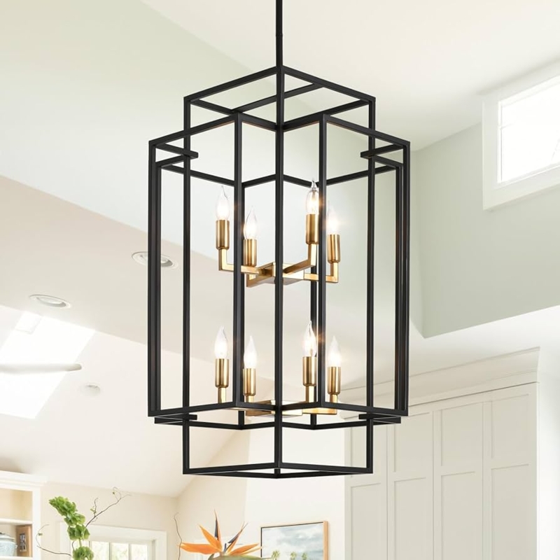 Two-Tier Foyer Chandelier Antique Gold Stepped Geometric Frame 8-Light